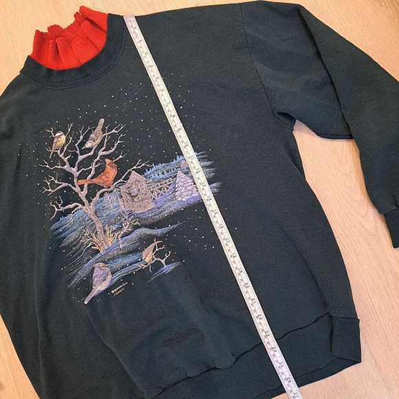 Vintage Morning Sun Green Red Birds Snow Christmas Pullover Sweatshirt Size XL - Picture 5 of 9